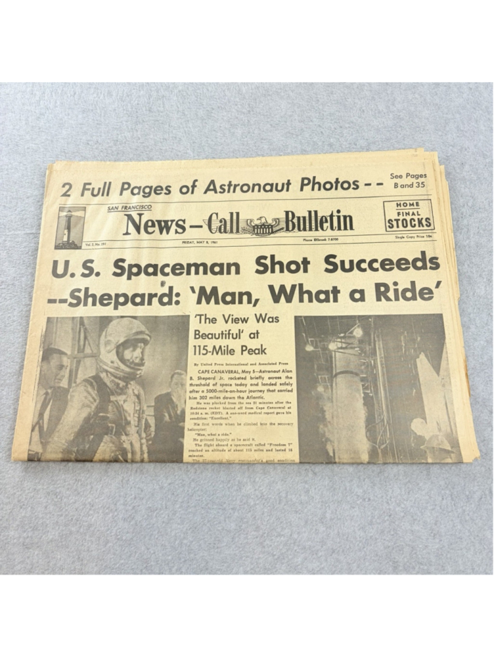 San Francisco News-Call Bulletin Alan Shepard Space Flight Newspaper May 5 1961